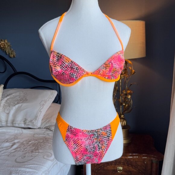 90s Neon Pink and Orange Print Bikini by Baltex - Picture 1 of 12